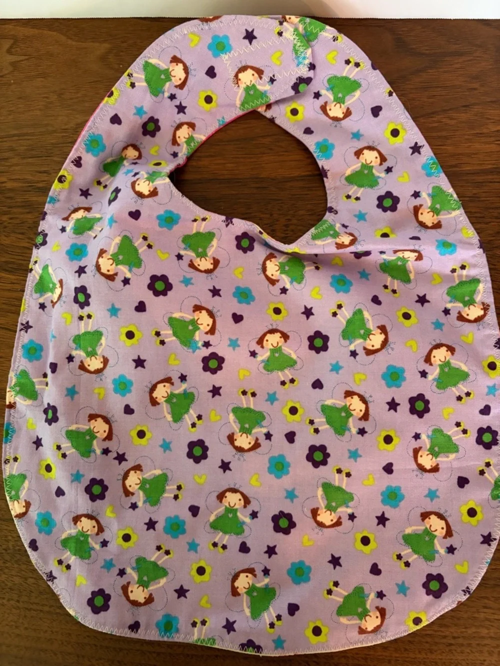 NEW Pink Patchwork Reversible Baby Girl Bib. Cats, Teddy Bears, Fairies Handmade
